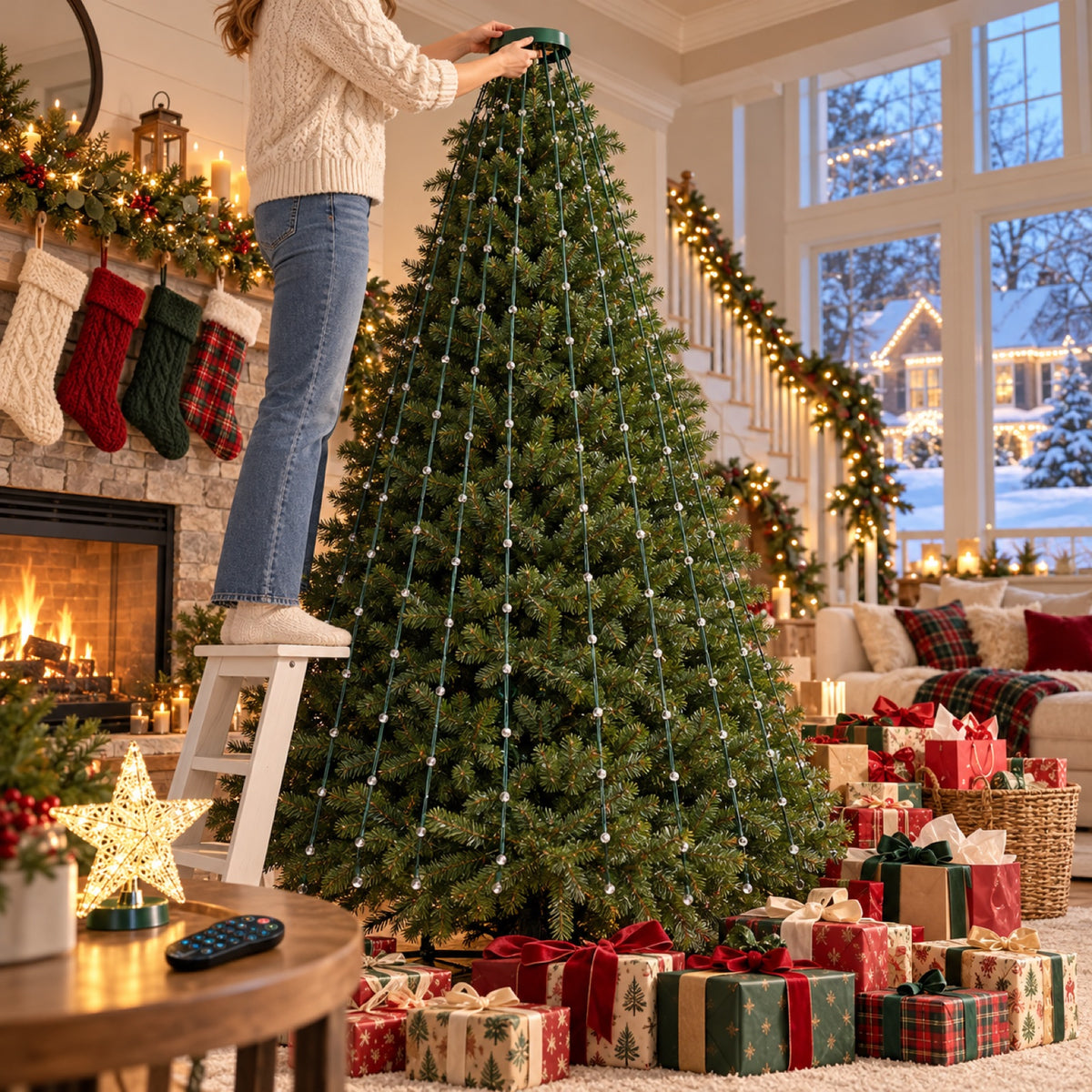 Smart App-Controlled Christmas Tree Lights, 400 LED Waterfall with Star Topper