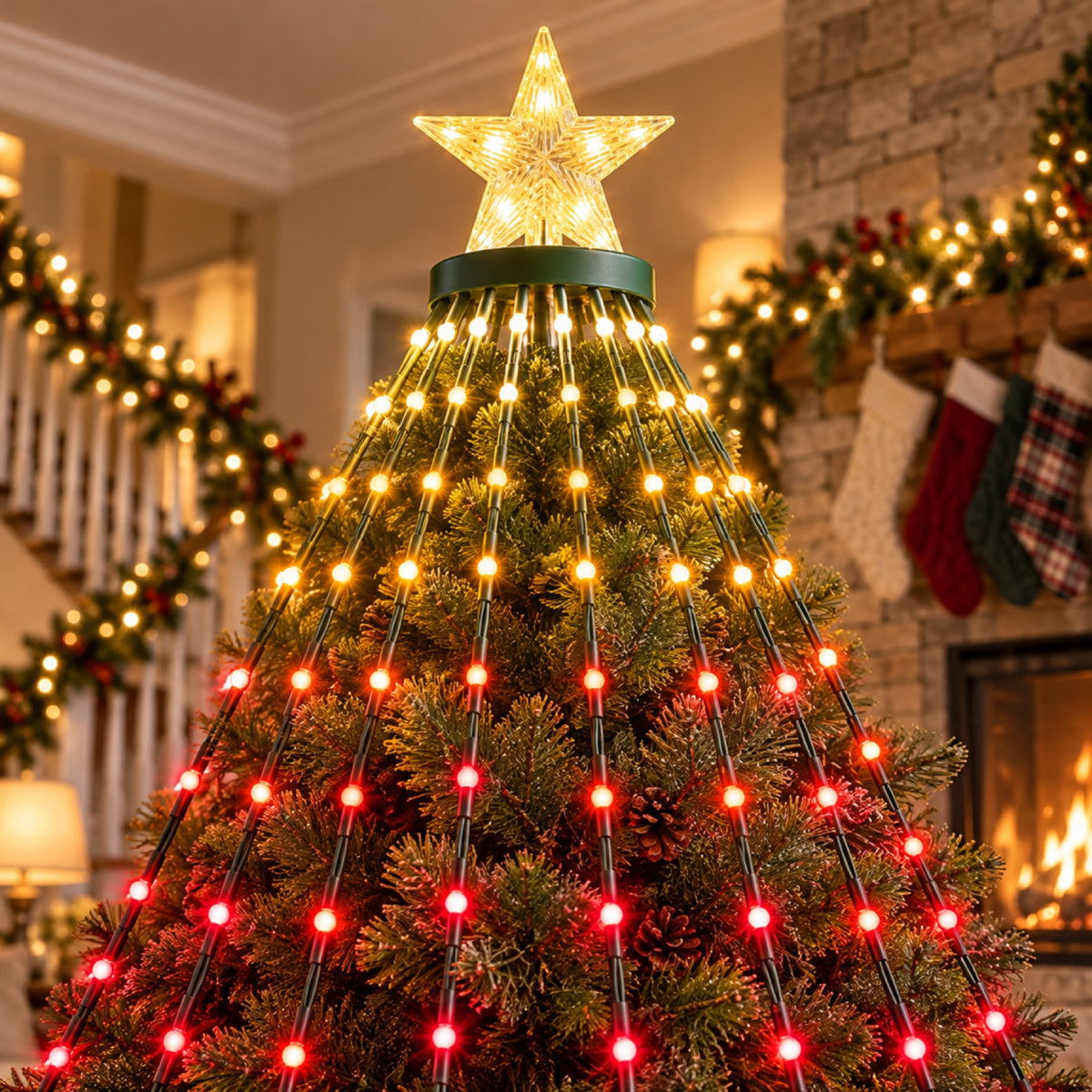 Smart App-Controlled Christmas Tree Lights, 400 LED Waterfall with Star Topper